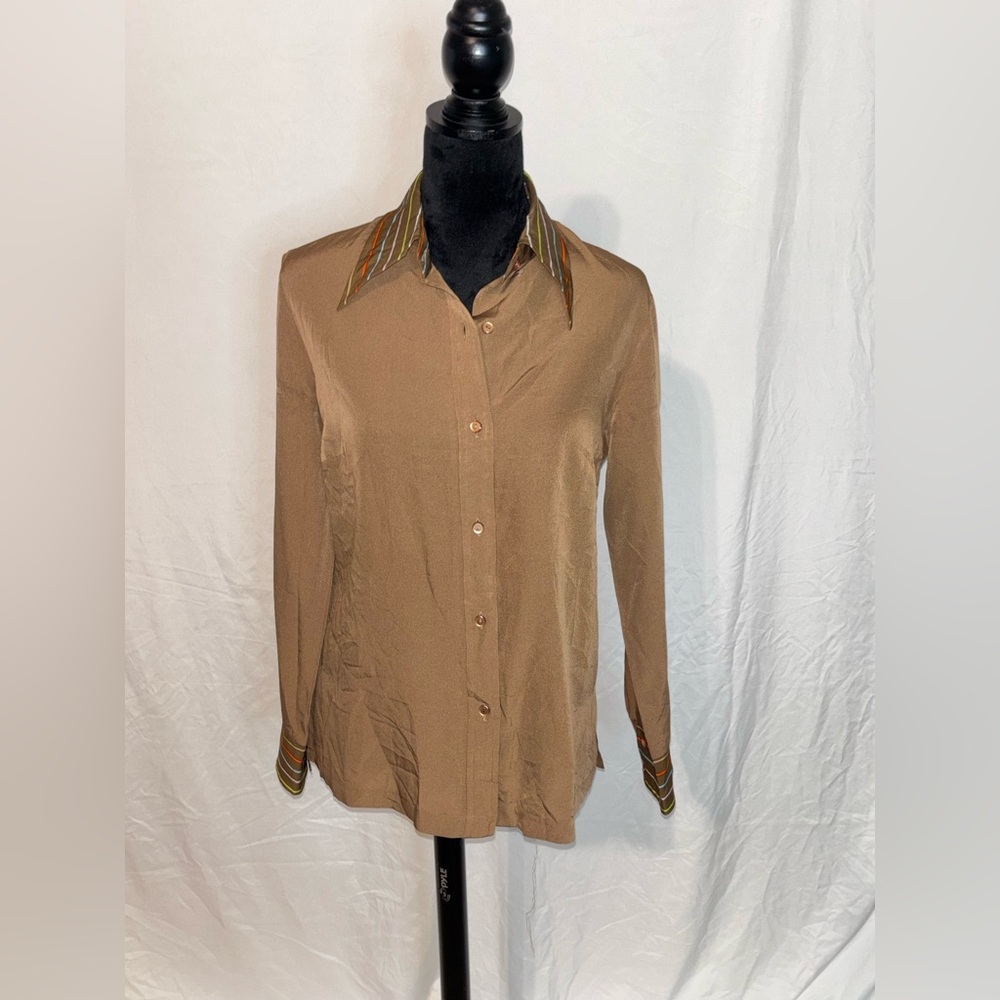Alex Colman Vintage Brown Striped Collar Women's Blouse